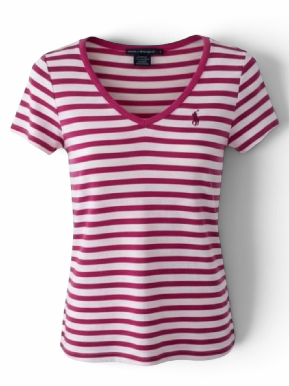 Ralph Lauren Pink and White Stripe V-Neck Short Sleeve T-Shirt Size Small